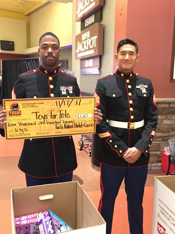 Tachi Palace presents $5,000 to Marines for annual Toys for Tots program The United States Marine Corps received a check for its Toys for Tots program from the Tachi Hotel and Casino monthly breakfast.